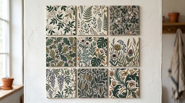 Grid of nine decorative square tiles featuring vintage botanical floral patterns