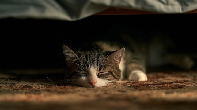Cat resting under the bed in a quiet room during late afternoon