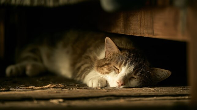 Cat sleeping under a wooden platform in a dimly lit room during the afternoon