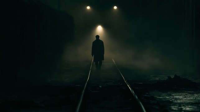 Person walks alone on train tracks in dim light during night
