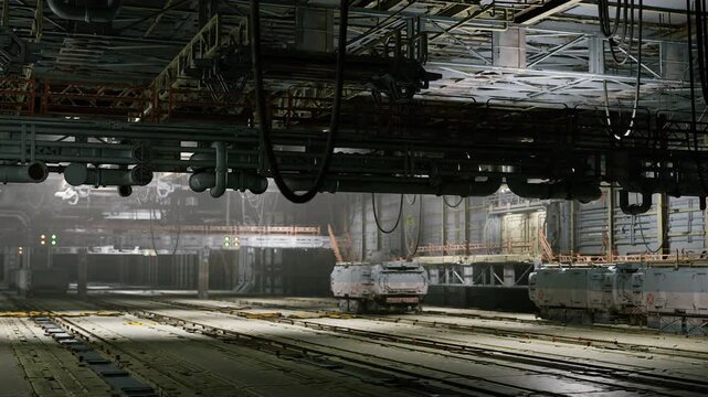 Spacious logistics bay with loader vehicle prepping cargo on rails pallets and platforms line concrete floor, bright industrial ceiling, mechanical crane arms