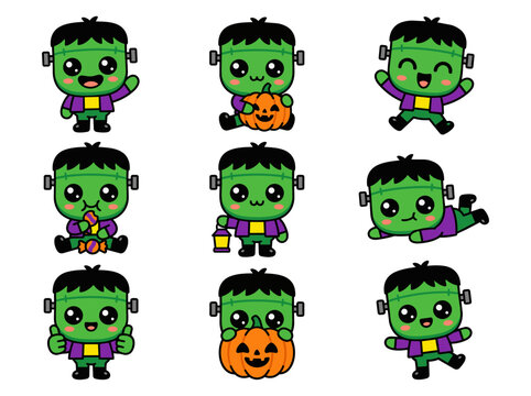 Cute kawaii chibi frankenstein character poses stickers set