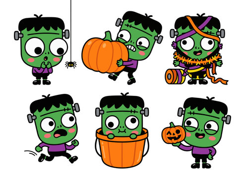 Cute funny cartoon frankenstein monster character poses set