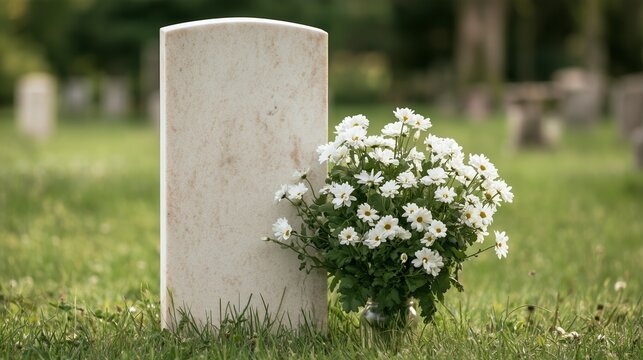 Resting place marked by a simple grave stone and flowers in a grassy cemetery setting