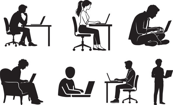 Silhouettes of diverse people working on laptops in various office settings
