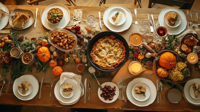 Festive autumn feast displayed on a long wooden table, representing abundance, family gathering, and seasonal celebration concept