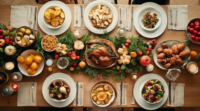 Abundant Thanksgiving feast displaying roasted poultry, colorful fruits, and diverse dishes, representing a festive gathering