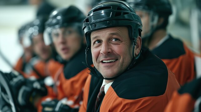 Coach smiles while players rest during ice hockey practice at local rink