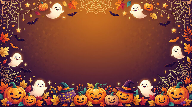 Halloween Decorations Border with Pumpkins, Ghosts, Bats, and Spiderwebs, Festive Autumn Illustration