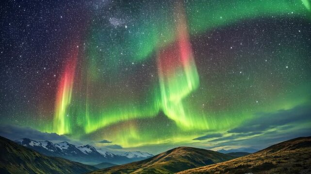 Aurora Borealis Shimmering over Snowy Mountains in a Starry Night Sky