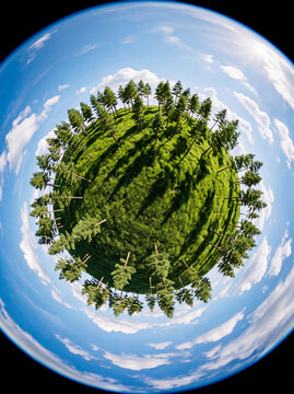 Spherical mini planet with lush green grass and tall pine trees casting long shadows under a blue sky