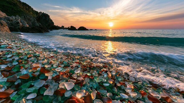Colorful sea glass along the shore during sunset on a beach near rocky cliffs