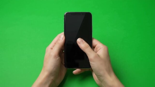 Hands holding smartphone with blank black screen doing swipe and touch gestures on green screen background