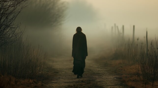 Foggy path with figure walking in rural area at dawn