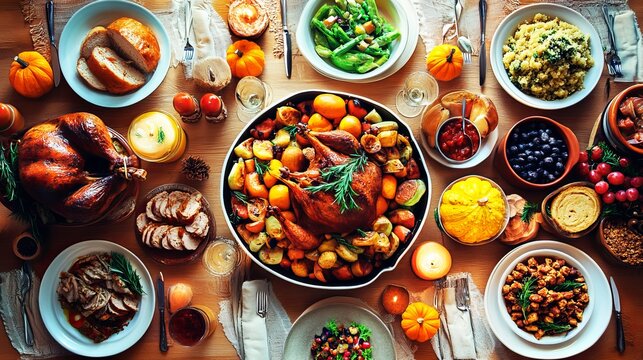 Abundant autumnal feast displays roasted turkey, vegetables, and bread, showcasing warmth and celebratory togetherness