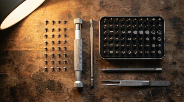 Precision driver kit with interchangeable bits, magnetic extension shaft and appliance screws arranged for home repair and maintenance