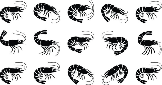 A repeating pattern of black shrimp silhouettes arranged in a grid, showcasing various swimming poses and orientations of crustaceans on a white background