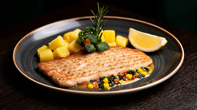 Grilled salmon fillet served with roasted potato cubes and lemon slice on dark plate