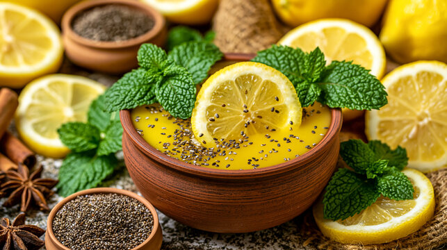 Bowl of lemon and chia seed porridge topped with fresh mint leaves