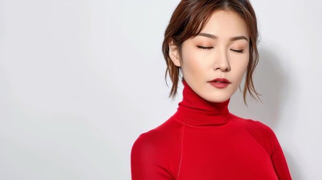 Portrait of a Young East Asian Woman in a Red Turtleneck