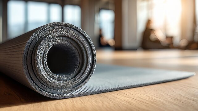 Rolled yoga mat on wooden floor, gray fitness mat for exercise, indoor workout studio equipment for pilates wellness practice