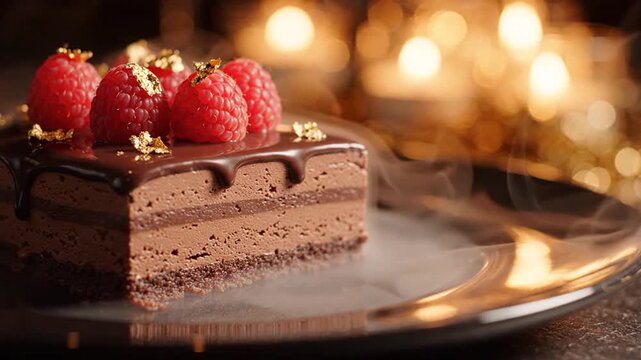 Decadent chocolate cake slice with raspberries gold leaf and rising smoke