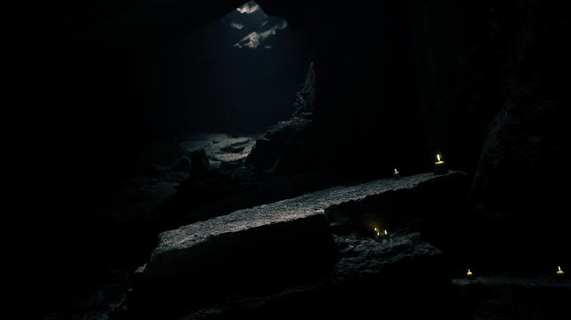 Adventurer campsite on rocky ledge marked by small lanterns and gear shadows, tattered rope and footprints hint recent occupation, quiet suspense