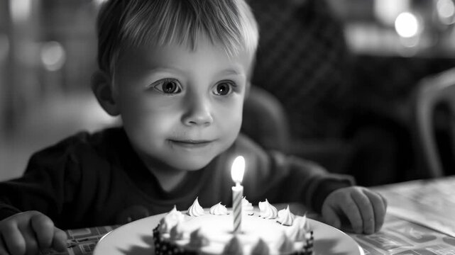 Close-up of a Toddler with Cake on Face Looking at a Lit Birthday Candle