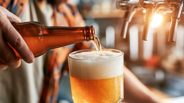 Bartender pouring fresh cold beer from a tap into a glass with draft beer