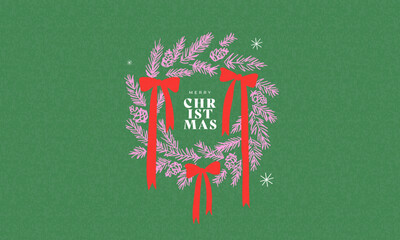 Obraz premium Modern Christmas card with bold typography and hand-drawn festive illustration, featuring wreath with oversized red bows in a playful contemporary style.