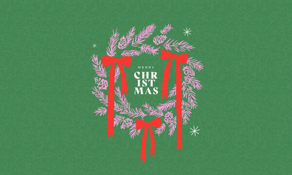 Modern Christmas card with bold typography and hand-drawn festive illustration, featuring wreath with oversized red bows in a playful contemporary style.