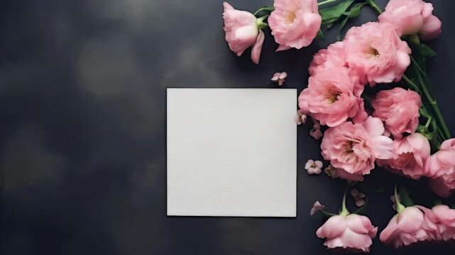 Blank White Card with Pink Flowers on Dark Textured Background
