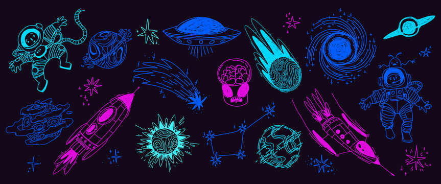 Neon set of space doodles on black background. Vector illustration of color sketch astronaut, rocket, planets and stars, flying asteroid, comet and alien, cute cosmic icons for playful kid patterns