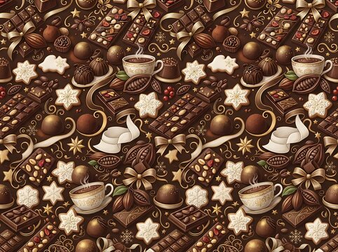 Decadent chocolate seamless pattern with cocoa beans and sweets for confectionery packaging.