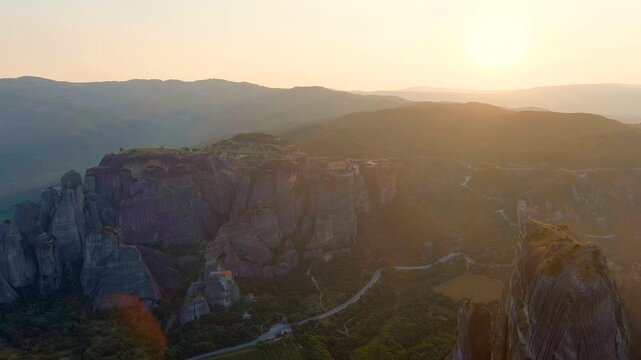 Meteora, Kalabaka, Greece. Meteora - rocks, up to 600 meters high. There are 6 active Greek Orthodox monasteries listed on the UNESCO list. Drone footage