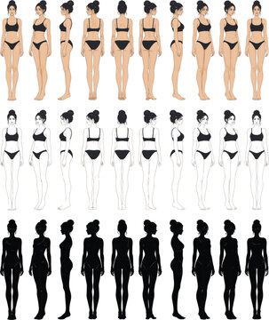 Vector illustration of female character design with different poses and views, PNG with alpha channel