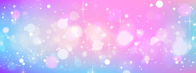 Obraz premium Glitter sparkles on pink and blue gradient background. Vector realistic illustration of dreamy magic backdrop with bokeh effects, abstract wallpaper for princess fantasy designs, pink unicorn themes