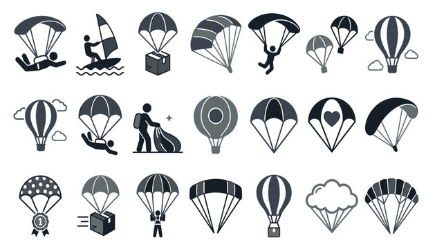 Parachuting and skydiving vector icons set featuring extreme sports icons hot air balloons parachute delivery symbols isolated on whitePrint