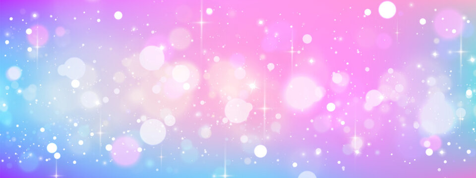 Glitter sparkles on pink and blue gradient background. Vector realistic illustration of dreamy magic backdrop with bokeh effects, abstract wallpaper for princess fantasy designs, pink unicorn themes