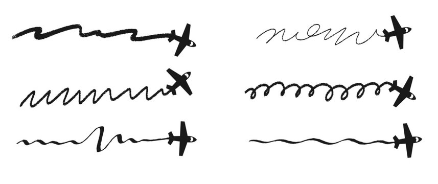 Set of black aircraft icons with doodle journey routes on white background. Vector illustration of flight symbols, air trip path spiral and straight lines, tourism or logistics infographic design