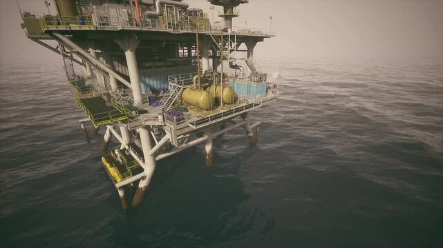 Aerial oil rig platform shot from above, wide perspective shows full side of structure, useful for asset management, mapping and inspection scenes with visible