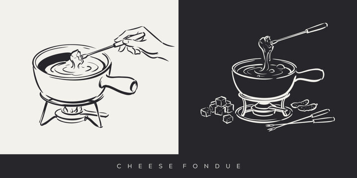 Minimalist hand-drawn line art of cheese fondue pot with forks and dipping bread