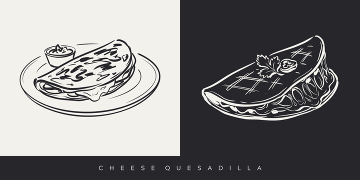Hand drawn cheese quesadilla sketch illustrations in black and white vector line art style