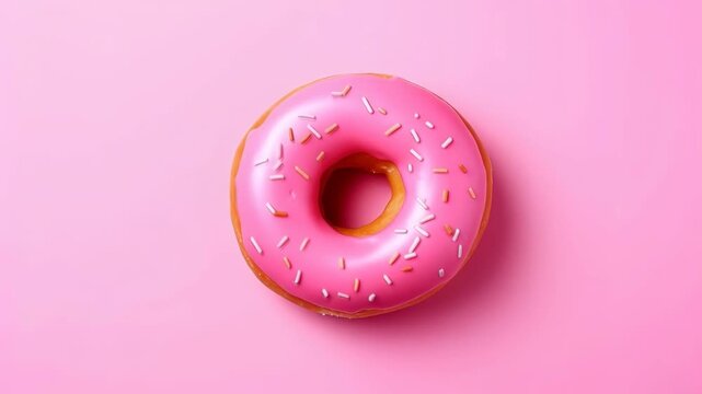 Top View of a Pink Frosted Donut with Sprinkles on a Pink Background