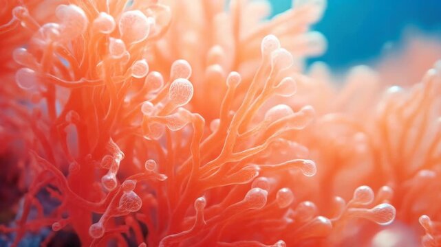 Macro View of Orange Coral-Like Organic Structures with Blue Background