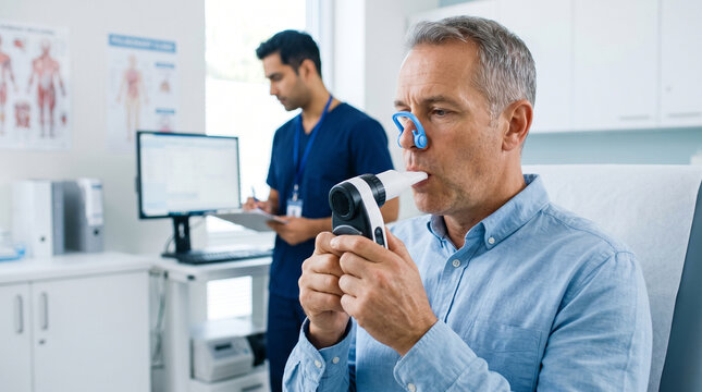 Mature man performing lung function test, focused patient breathing into spirometer, doctor monitoring medical examination, clinical diagnosis