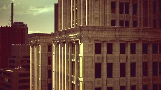 Philadelphia building details. Closeup of architectural features. Detailed view of Philadelphia structures during dusk with atmospheric features