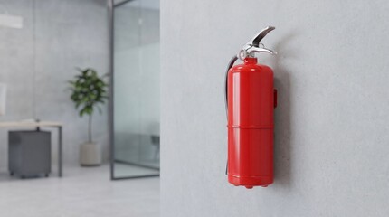 Obraz premium Red fire extinguisher mounted on wall in modern office interior. Workplace fire safety and emergency preparedness. Building protection equipment. Commercial facility safety concept.