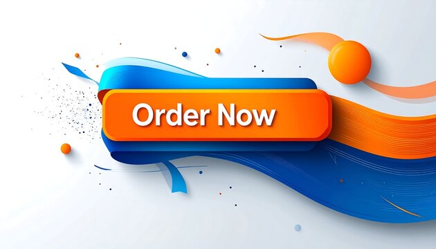 A bright orange button with the text order now sits against a flowing blue ribbon.