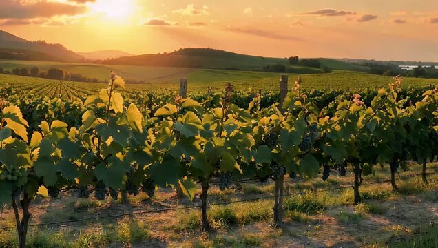 Scenic 4K golden hour vineyard footage showcasing long symmetrical rows of grapevines glowing under the warm rays of a setting sun with hanging clusters of unripe green grapes captured in a